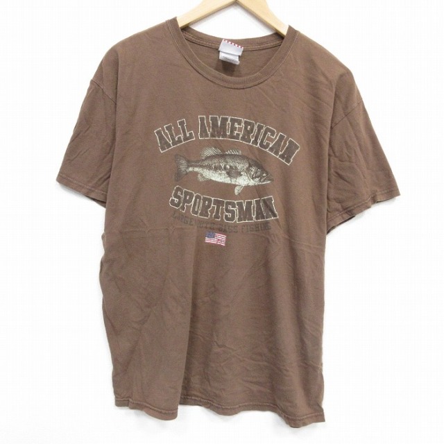 L★古着 半袖 ビンテージ Tシャツ メンズ 00年代 00s 魚 コットン クルーネック 茶 ブラウン 25sep22 中古