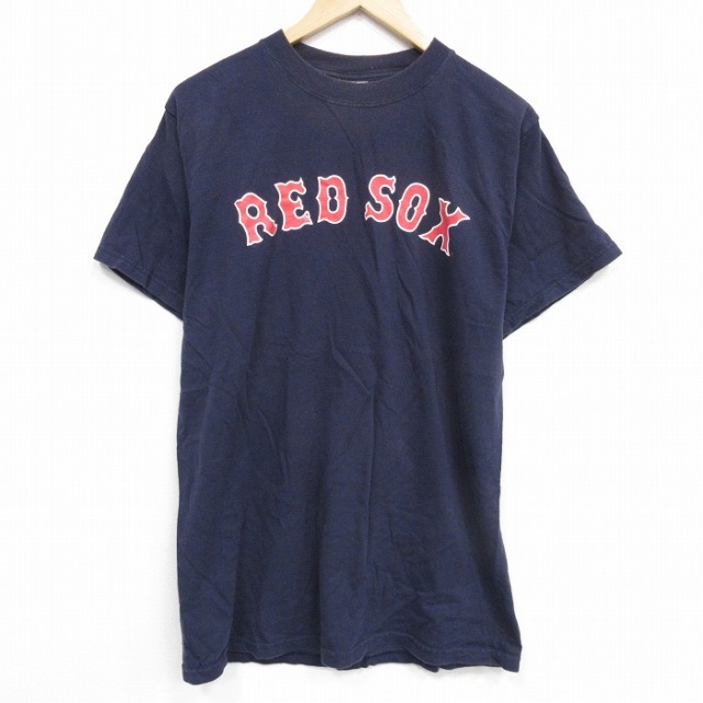 L★古着 マジェスティック 半袖 ビンテージ Tシャツ メンズ 00年代 00s MLB ボストンレッドソックス デビッドオルティーズ 34 コットン クルーネック 紺 ネイビー メジャーリーグ ベースボール 野球 25sep22 中古