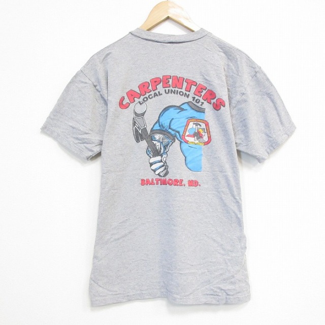 L★古着 半袖 ビンテージ Tシャツ メンズ 90年代 90s ハンマー 胸ポケット付き クルーネック グレー 霜降り 25sep22 中古