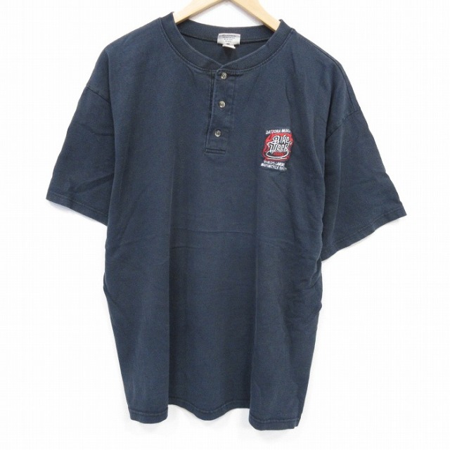 XL★古着 半袖 ビンテージ Tシャツ メンズ 00年代 00s バイクウィーク 大きいサイズ コットン ヘンリーネック 黒 ブラック 25sep24 中古