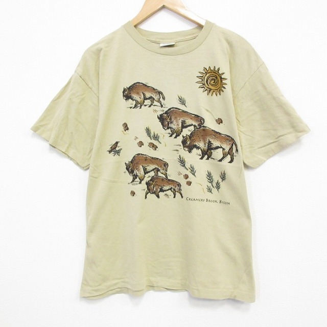 XL★古着 半袖 ビンテージ Tシャツ メンズ 90年代 90s バイソン コットン クルーネック USA製 ベージュ カーキ 25sep25 中古