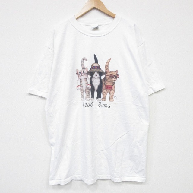 XL★古着 BOSS 半袖 ビンテージ Tシャツ メンズ 90年代 90s ネコ 両面プリント 大きいサイズ ロング丈 コットン クルーネック USA製 白 ホワイト 【spe】 25sep27 中古