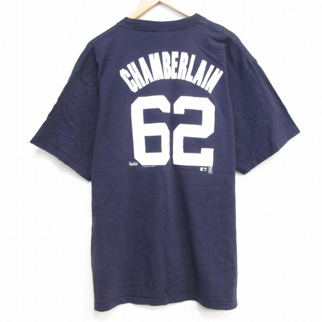 XL★古着 マジェスティック 半袖 ビンテージ Tシャツ メンズ 00年代 00s MLB ニューヨークヤンキース ジョバチェンバレン 62 大きいサイズ コットン クルーネック 紺 ネイビー メジャーリーグ ベースボール 野球 25sep25 中古