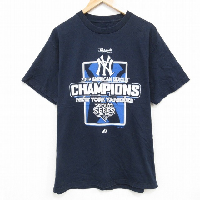 L★古着 半袖 ビンテージ Tシャツ メンズ 00年代 00s MLB ニューヨークヤンキース クルーネック 紺 ネイビー メジャーリーグ ベースボール 野球 25sep25 中古