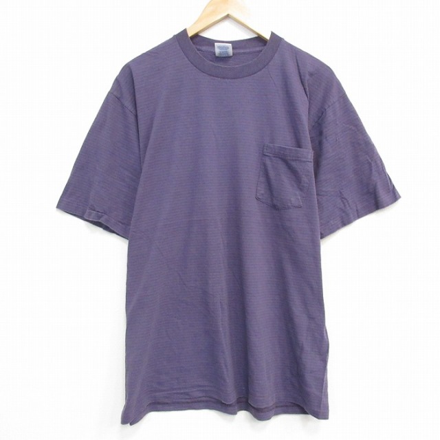 XL★古着 アリゾナジーンズ 半袖 ビンテージ Tシャツ メンズ 00年代 00s 無地 胸ポケット付き コットン クルーネック USA製 紫 パープル ボーダー 25sep25 中古