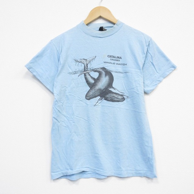 M★古着 半袖 ビンテージ Tシャツ メンズ 80年代 80s クジラ コットン クルーネック USA製 水色 25sep26 中古