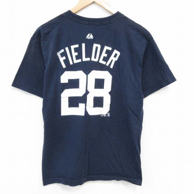 M★古着 マジェスティック 半袖 ビンテージ Tシャツ メンズ 00年代 00s MLBデトロイトタイガース プリンスフィルダー 28 クルーネック 紺 ネイビー メジャーリーグ ベースボール 野球 25sep29 中古