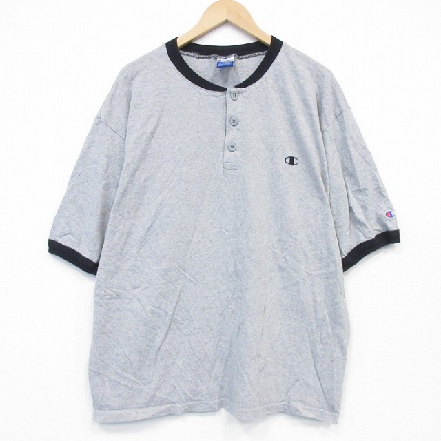 XL★古着 チャンピオン champion 半袖 ビンテージ Tシャツ メンズ 90年代 90s ワンポイントロゴ 大きいサイズ コットン ヘンリーネック グレー 霜降り リンガー【spe】 26mar11