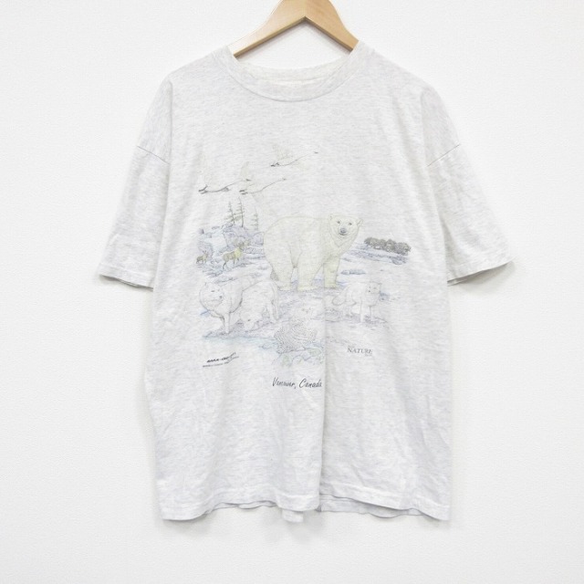 XL★古着 半袖 ビンテージ Tシャツ メンズ 90年代 90s クマ クルーネック 薄グレー 霜降り 26mar16