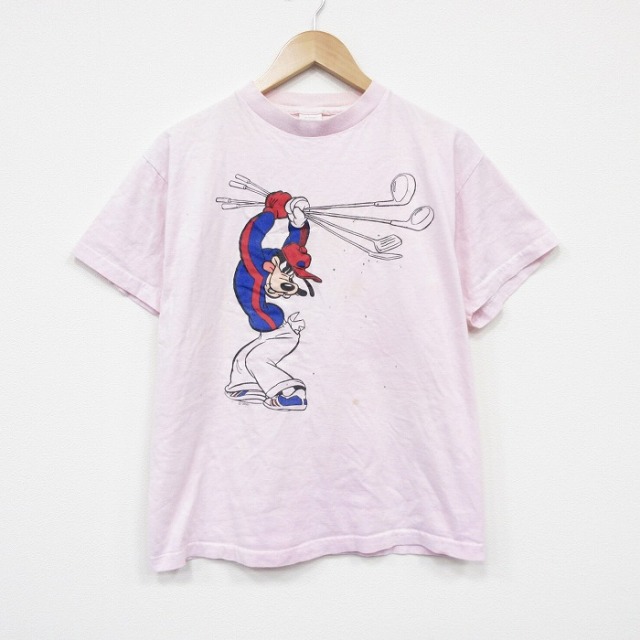 L★古着 半袖 ビンテージ Tシャツ メンズ 80年代 80s ディズニー グーフィー コットン クルーネック USA製 薄ピンク 26mar16