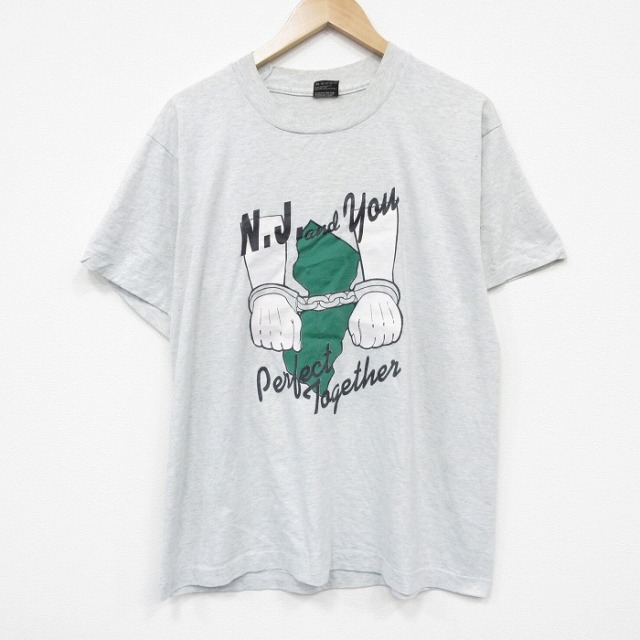 L★古着 フルーツオブザルーム 半袖 ビンテージ Tシャツ メンズ 90年代 90s 手錠 クルーネック USA製 薄グレー 霜降り【spe】 26mar16