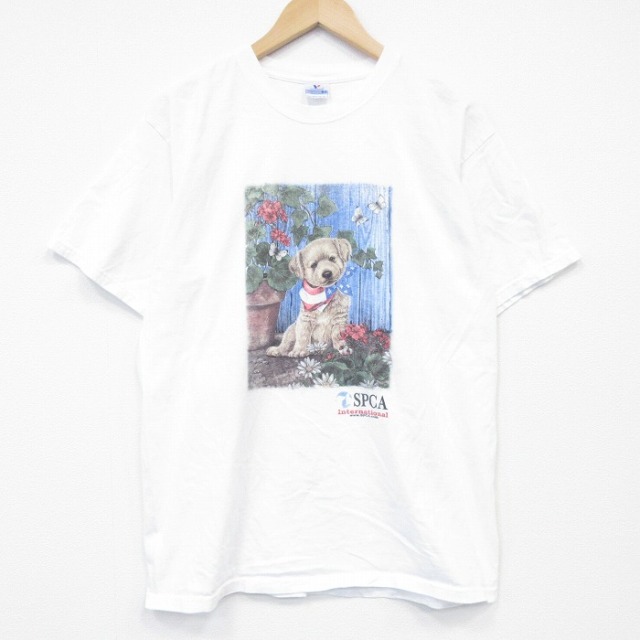 L★古着 半袖 ビンテージ Tシャツ メンズ 00年代 00s 犬 コットン クルーネック 白 26mar30