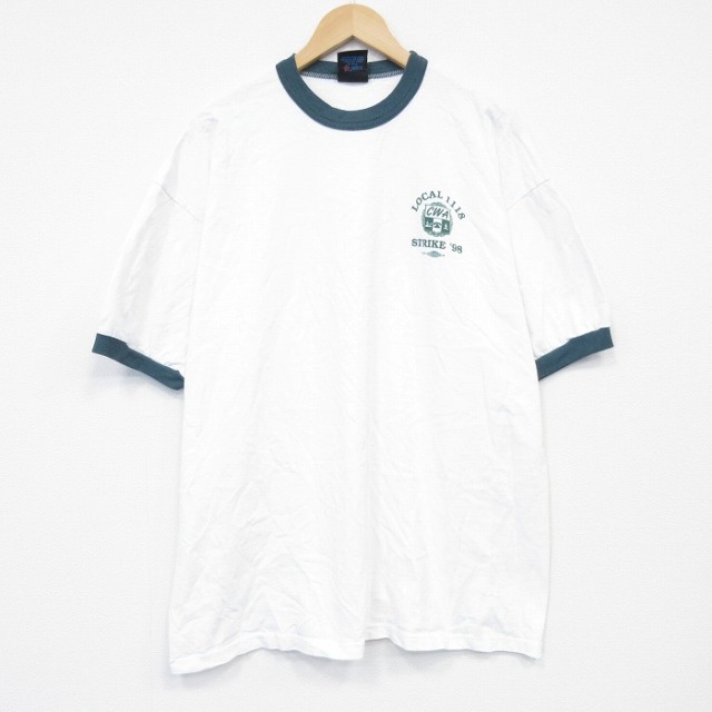 XL★古着 半袖 ビンテージ Tシャツ メンズ 90年代 90s CWA 大きいサイズ コットン クルーネック USA製 白 リンガー 26mar30