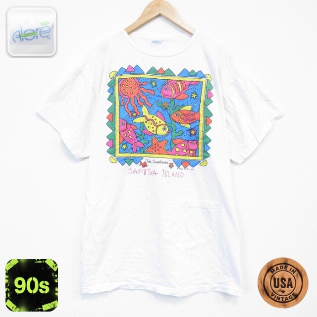 【20%OFF】90s 半袖Tシャツ 魚 ホワイト メンズXL相当 | 古着