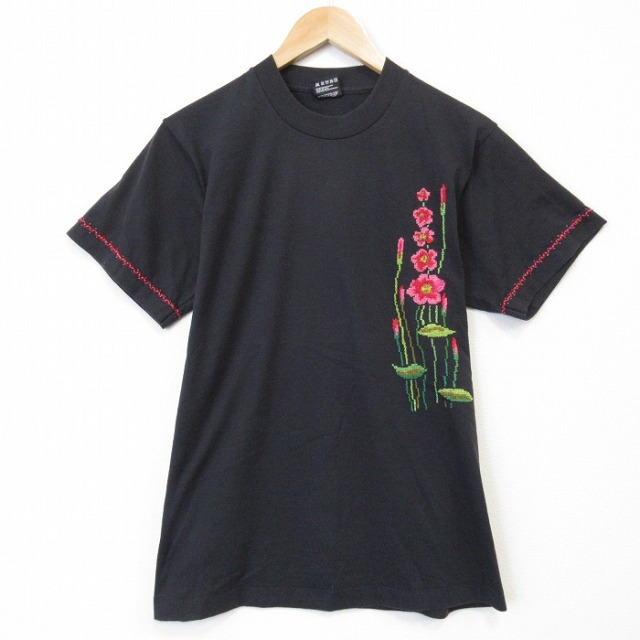 フルーツオブザルーム 90s 半袖Tシャツ 花刺繍 ブラック メンズM相当 | 古着