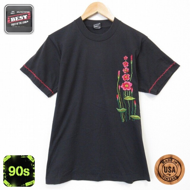【20%OFF】フルーツオブザルーム 90s 半袖Tシャツ 花刺繍 ブラック メンズM相当 | 古着