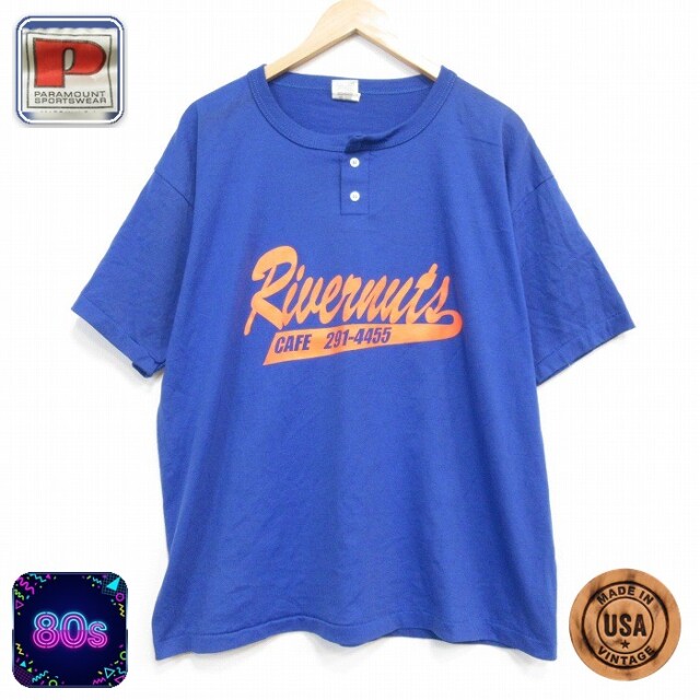 【20%OFF】80s 半袖Tシャツ ヘンリーネック ブルー メンズXL相当 | 古着