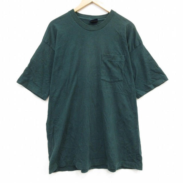 XL★古着 半袖 ビンテージ Tシャツ メンズ 90年代 90s 無地 ポケット付き 大きいサイズ USA製 グリーン【spe】 26aug27