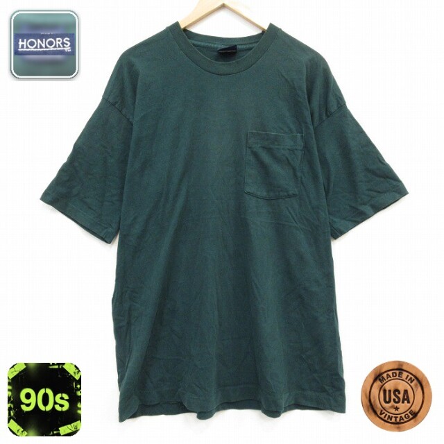【20%OFF】半袖 ビンテージ Tシャツ 90s 無地 ポケット付き USA製 グリーン メンズXL相当 | 古着