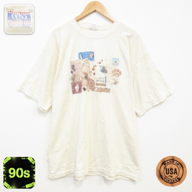 90s 半袖Tシャツ 貝 メッシュ地 生成り ベージュ メンズXL相当 | 古着