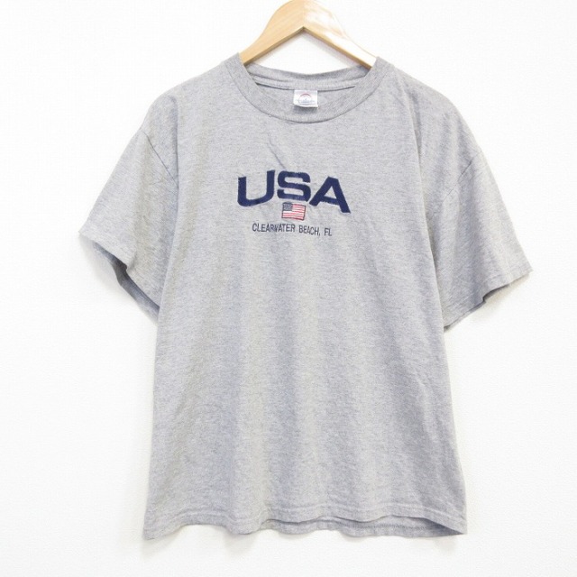 【20％OFF】XL★古着 半袖 ビンテージ Tシャツ メンズ 00年代 00s USAロゴ クルーネック グレー 霜降り