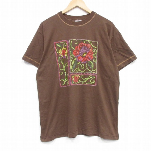 半袖Tシャツ 花 ブラウン メンズXL相当 | 古着