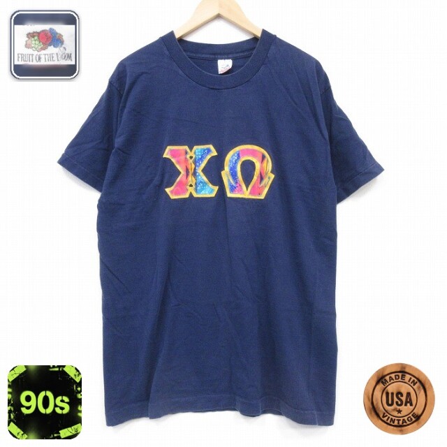 フルーツオブザルーム 90s 半袖Tシャツ ギリシャ文字 ネイビー メンズXL相当 | 古着