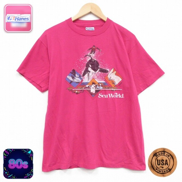 ヘインズ 80s 半袖Tシャツ シーワールド ピンク メンズL相当 | 古着
