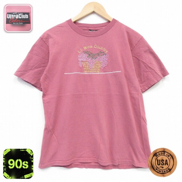 90s 半袖Tシャツ 刺繍 バーガンディ メンズL相当 | 古着