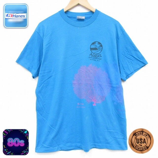 ヘインズ 80s 半袖Tシャツ 木マルチプリント ライトブルー メンズL相当 | 古着