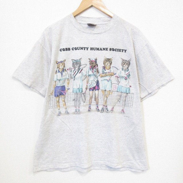 オニータ 90s 半袖Tシャツ ネコ両面プリント グレー メンズXL相当 | 古着
