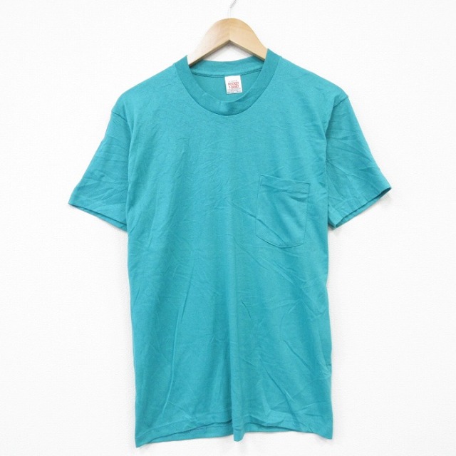 80s 半袖Tシャツ 胸ポケット付き ライトブルー メンズM相当 | 古着