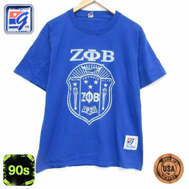 90s 半袖Tシャツ ギリシャ文字 ブルー メンズL相当 | 古着