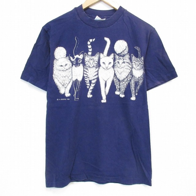 ヘインズ 80s 半袖Tシャツ ネコ両面プリント ネイビー M | 古着