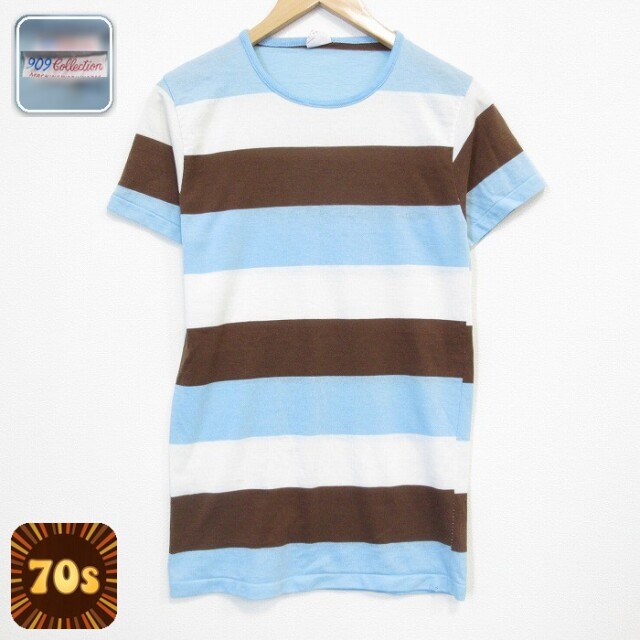 【20%OFF】70s 半袖Tシャツ ボーダー ライトブルー メンズS相当 | 古着