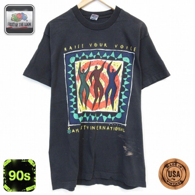 フルーツオブザルーム 90s 半袖Tシャツ アムネスティ ブラック メンズL相当 | 古着