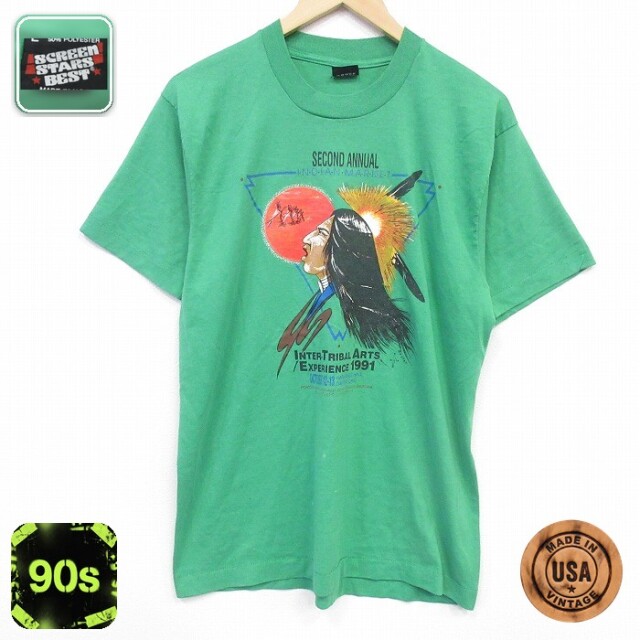 90s 半袖Tシャツ インディアン グリーン メンズM相当 | 古着