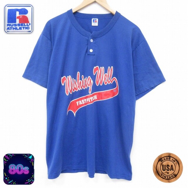 ラッセル 80s 半袖Tシャツ FAST PITCH ブルー メンズXL相当 | 古着