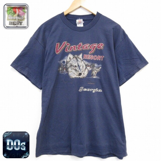 フルーツオブザルーム 00s 半袖Tシャツ オオカミ ネイビー メンズXL相当 | 古着