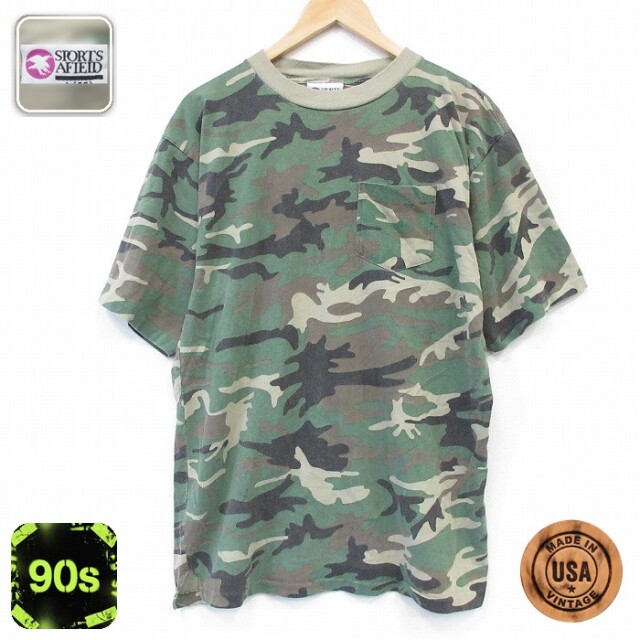 90s 半袖Tシャツ 胸ポケット付き ウッドランドカモ カーキ メンズL相当 | 古着