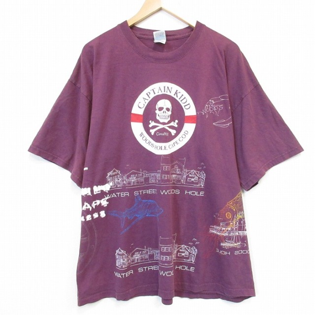 00s 半袖Tシャツ スカルマルチプリント バーガンディ メンズXL相当 | 古着