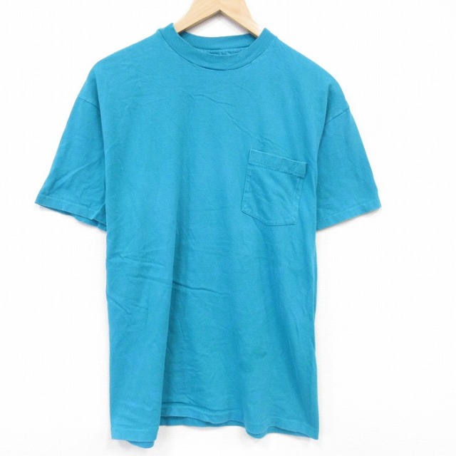 L★古着 ヘインズ 半袖 ビンテージ Tシャツ メンズ 90年代 90s 無地 胸ポケット付き コットン クルーネック グリーン 26jun10