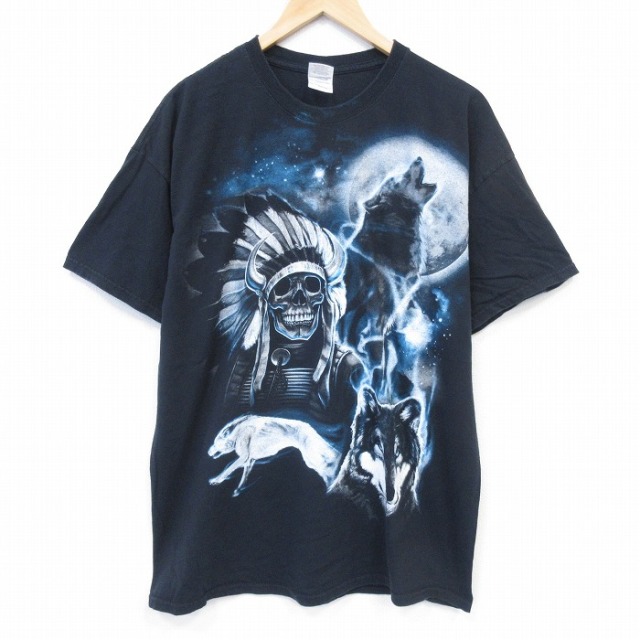 00s 半袖Tシャツ スカルオオカミ ブラック メンズXL相当 | 古着