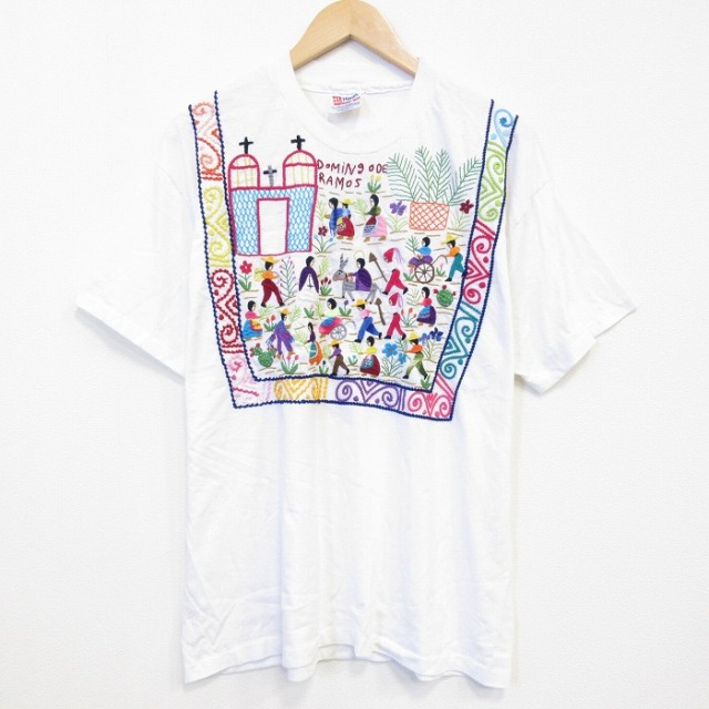 XL★古着 ヘインズ 半袖 ビンテージ Tシャツ メンズ 90年代 90s 刺繍 クルーネック USA製 ホワイト 26jun11