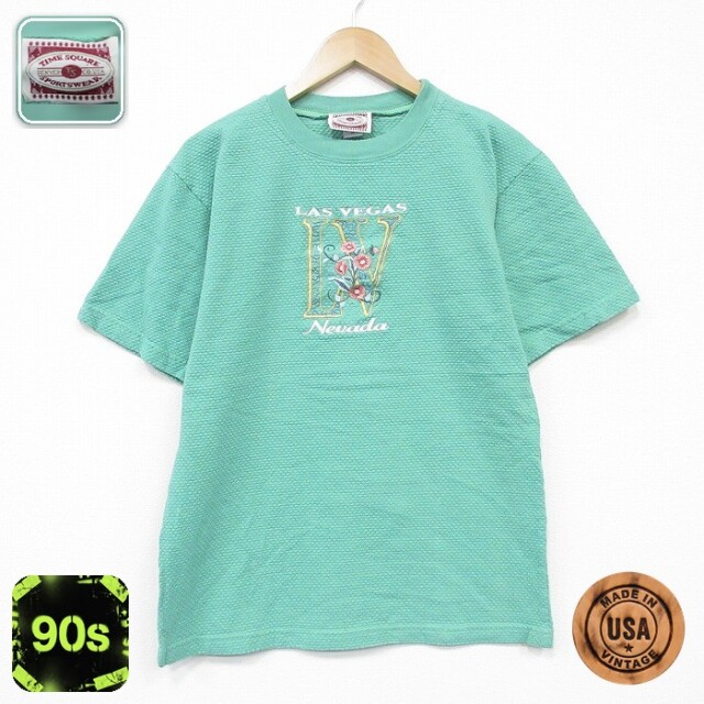 90s 半袖Tシャツ ラスベガス刺繍 グリーン メンズM相当 | 古着