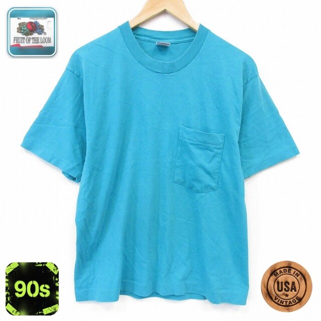 フルーツオブザルーム 90s 半袖Tシャツ 胸ポケット付き ライトブルー メンズL相当 | 古着