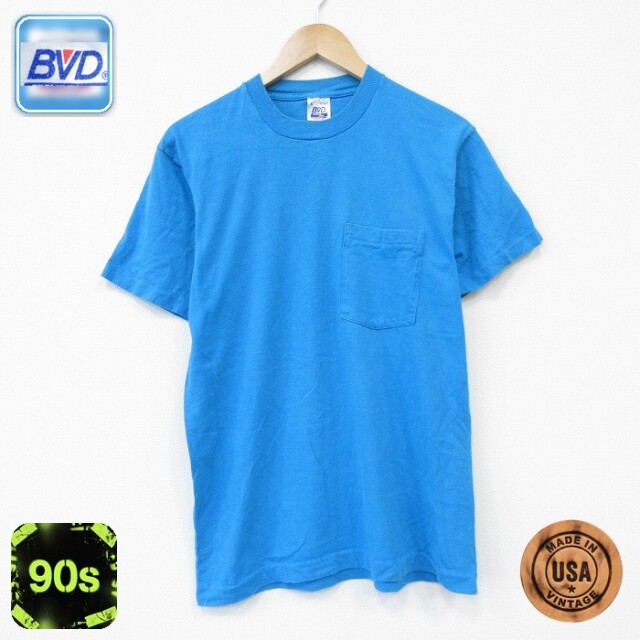 【20%OFF】BVD 90s 半袖Tシャツ 胸ポケット付き ライトブルー メンズM相当 | 古着