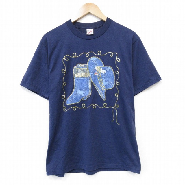 90s 半袖Tシャツ ハット ブーツ ネイビー メンズM相当 | 古着