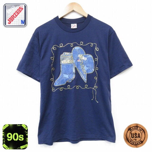 90s 半袖Tシャツ ハット ブーツ ネイビー メンズM相当 | 古着