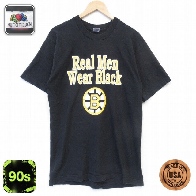 フルーツオブザルーム 90s 半袖Tシャツ NHLボストンブルーインズプリント ブラック メンズL相当 | 古着
